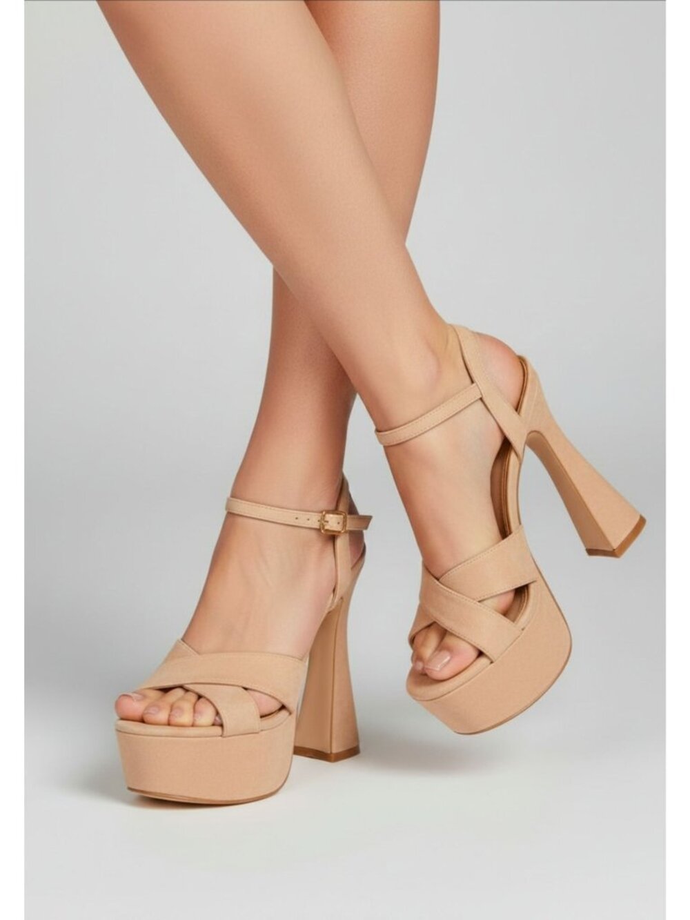 High Heel Nude Platform Sandals With Ankle Strap Open Toe And Cross Band Design